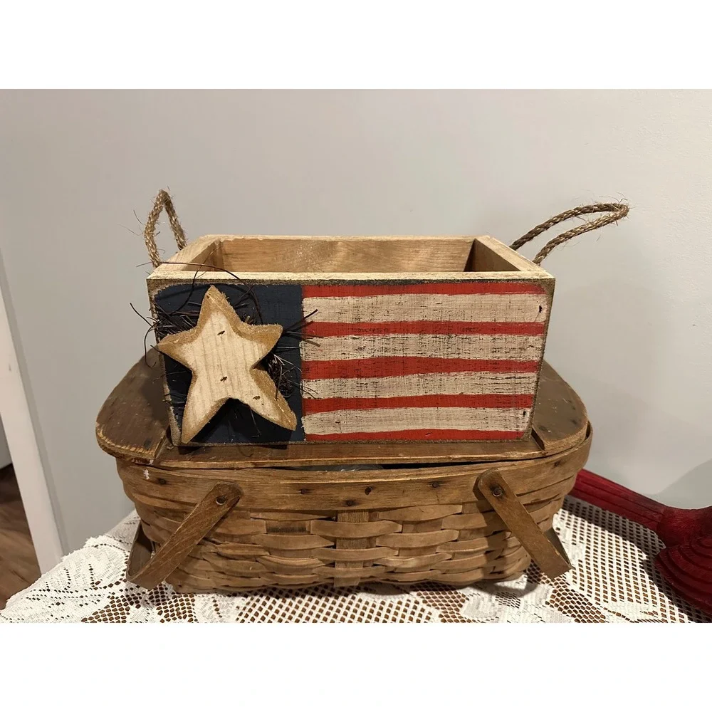 Rustic Wooden American Flag Crate Decorative Box Jute Rope Handles Americana
